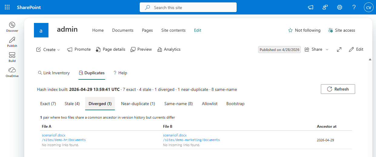 Diverged tab on the live web part: scenarioF.docx exists in /sites/demo-hr/Documents and /sites/demo-marketing/Documents, both forked from a 2026-04-29 ancestor and edited away independently