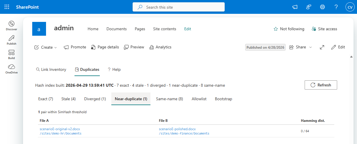 Near-duplicate tab on the live web part: scenarioE-original-v2.docx in /sites/demo-hr/Documents and scenarioE-polished.docx in /sites/demo-finance/Documents, Hamming distance 0 / 64